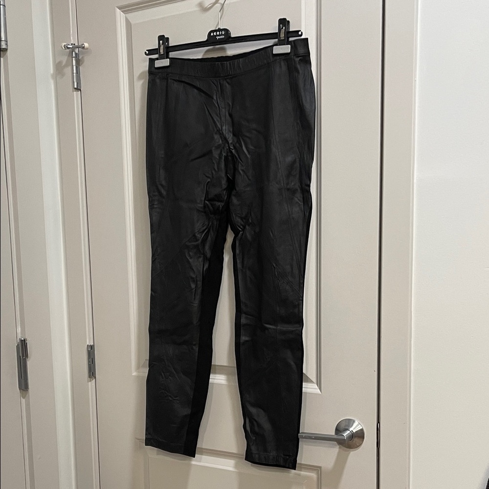 Lafayette 148 New York Black Leather Front and Stretch Ponte Knit back Trousers